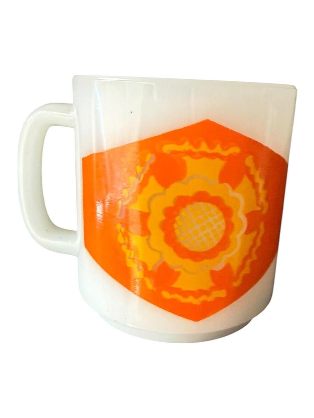 Vintage Glasbake Orange Hexagon Floral Milk Glass Mug White